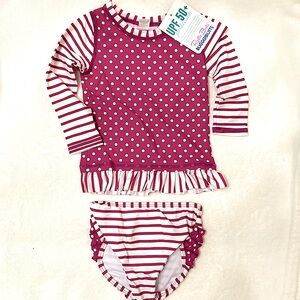Ruffle Butts Berry Striped Polka Swim Suit and Rash Guard